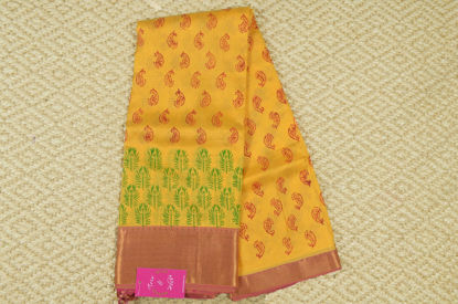 Picture of Yellow and Pink Printed Mangalagiri Silk Saree with Zari Border