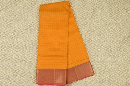 Picture of Mango Yellow and Pink Mangalagiri Silk Saree with Big Gold Checks and Border