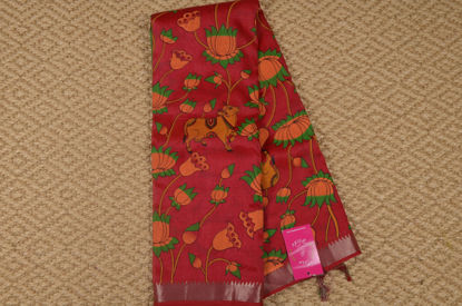 Picture of Red and Green Printed Small Zari Border Mangalagiri Silk Saree
