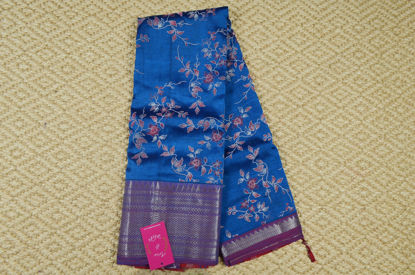 Picture of Peacock Blue and Red Printed Mangalgiri Silk Saree with Zari Border