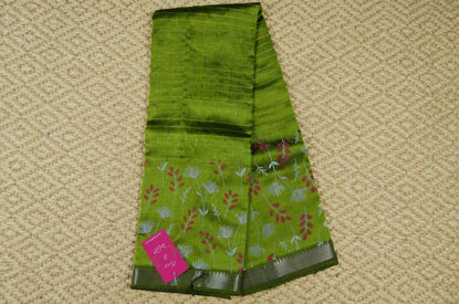 Picture of Olive Green Printed Small Border Zari Checks Mangalagiri Silk Saree