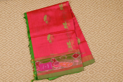 Picture of Coral Peach and Green Mangalagiri Silk Saree with Butta and Pochampally Border