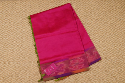 Picture of Pink and Green Plain Mangalagiri Silk Saree with ikkat Border