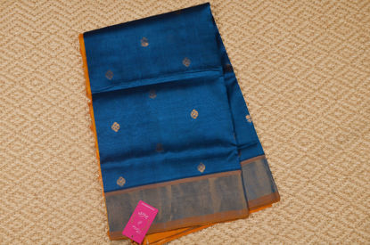 Picture of Peacock Blue and Mustard Yellow Double Weave Butta Mangalagiri Silk Saree