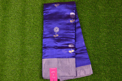 Picture of Dark Violet Chanderi Pure Silk Saree with Floral Silver Zari Butta and Border