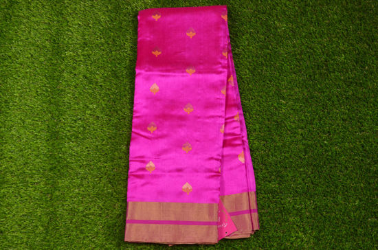Picture of Bright Pink Chanderi Pure Silk Saree with Gold and Thread Small Zari Butta and Border