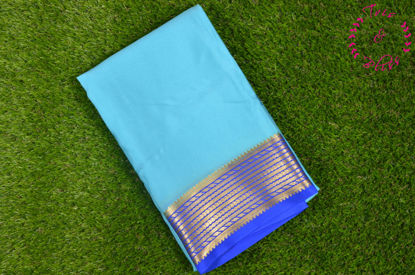 Picture of Sky Blue and Royal Blue Pure Mysore Crepe Silk Saree with Plain Body and Zari Woven Border