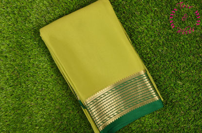 Picture of Olive Green and Bottle Green Pure Mysore Crepe Silk Saree with Plain Body and Zari Woven Border