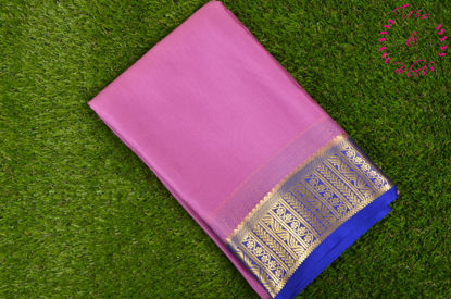 Picture of Pink and Royal Blue Pure Mysore Crepe Silk Saree with Plain Body and Zari Woven Border