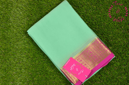 Picture of Mint Green and Pink Pure Mysore Crepe Silk Saree with Plain Body and Zari Woven Border