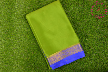Picture of Green and Royal Blue Pure Mysore Crepe Silk Saree with Plain Body and Zari Woven Border