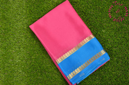 Picture of Pink and Anand Blue Pure Mysore Crepe Silk Saree with Plain Body and Zari Woven Border