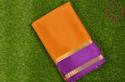 Picture of Mustard Yellow and Purple Pure Mysore Crepe Silk Saree with Plain Body and Zari Woven Border