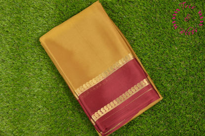 Picture of Dark Sandalwood and Maroon Pure Mysore Crepe Silk Saree with Plain Body and Zari Woven Border