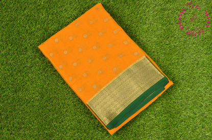 Picture of Mustard Yellow and Bottle Green Pure Georgette Saree with Allover Zari Butta and Rich Pallu