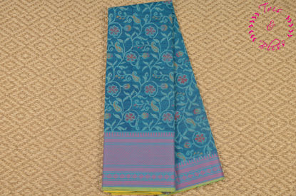 Picture of Prussian Blue and Yellow Printed Mangalagiri Handloom Cotton Saree with Rich Thread Border