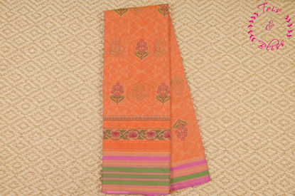 Picture of Melon Orange and Neon Yellow Printed Mangalagiri Handloom Cotton Saree with Rich Thread Border
