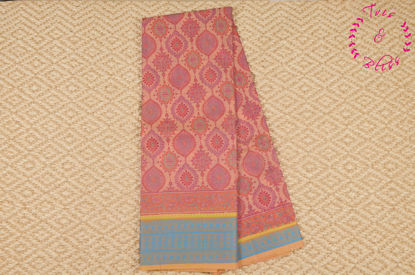 Picture of Peach and Neon Yellow Printed Mangalagiri Handloom Cotton Saree with Rich Thread Border