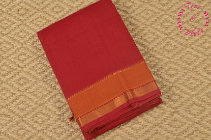 Picture of Red and Mustard Yellow Mangalagiri Handloom Cotton Saree with Gold Zari Border