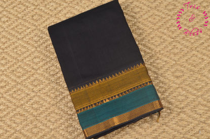 Picture of Black and Peacock Blue Mangalagiri Handloom Cotton Saree with Gold Zari Border