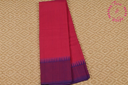 Picture of Pink and Royal Blue Mangalagiri Missing Checks Handloom Cotton Saree with Temple Border