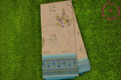 Picture of Nude and Copper Sulphate Blue Printed Mangalagiri Handloom Cotton Saree with Temple Border