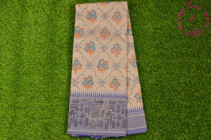 Picture of Nude and Violet Printed Mangalagiri Handloom Cotton Saree with Temple Border