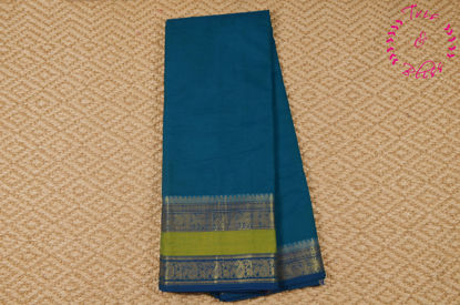 Picture of Peacock Blue and Olive Yellow Plain Mangalagiri Handloom Cotton Saree with Zari Border