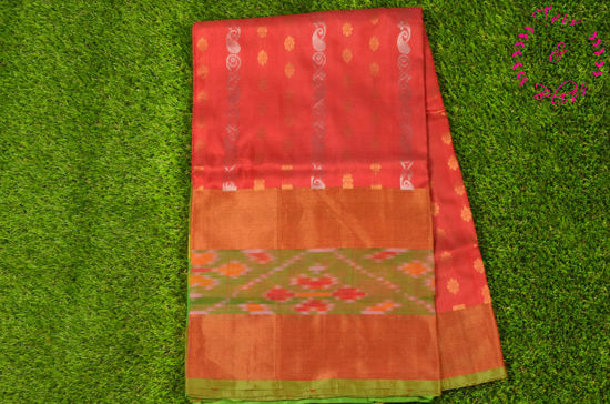 Picture of Coral Peach and Parrot Green Uppada Silk Saree with Rich Silver and Gold Zari Butta and Pochampally Border