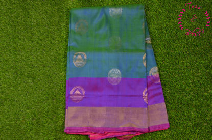 Picture of Peacock Green and Pink Uppada Silk Saree with Silver and Gold Zari Butta and Rich Pallu