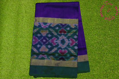 Picture of Royal Blue and Parrot Green Uppada Silk Saree with Big Pochampally Border