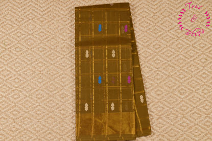 Picture of Khaki Big Zari Checks Mangalagiri Handloom Cotton Saree With Butta and Zari Border