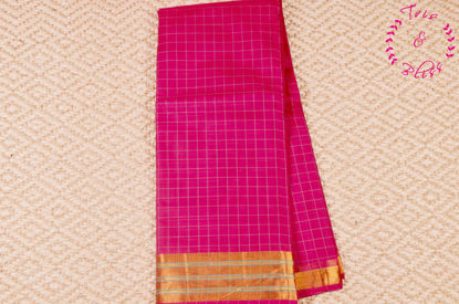 Picture of Pink and Green Checks Mangalagiri Handloom Cotton Saree With Zari Border