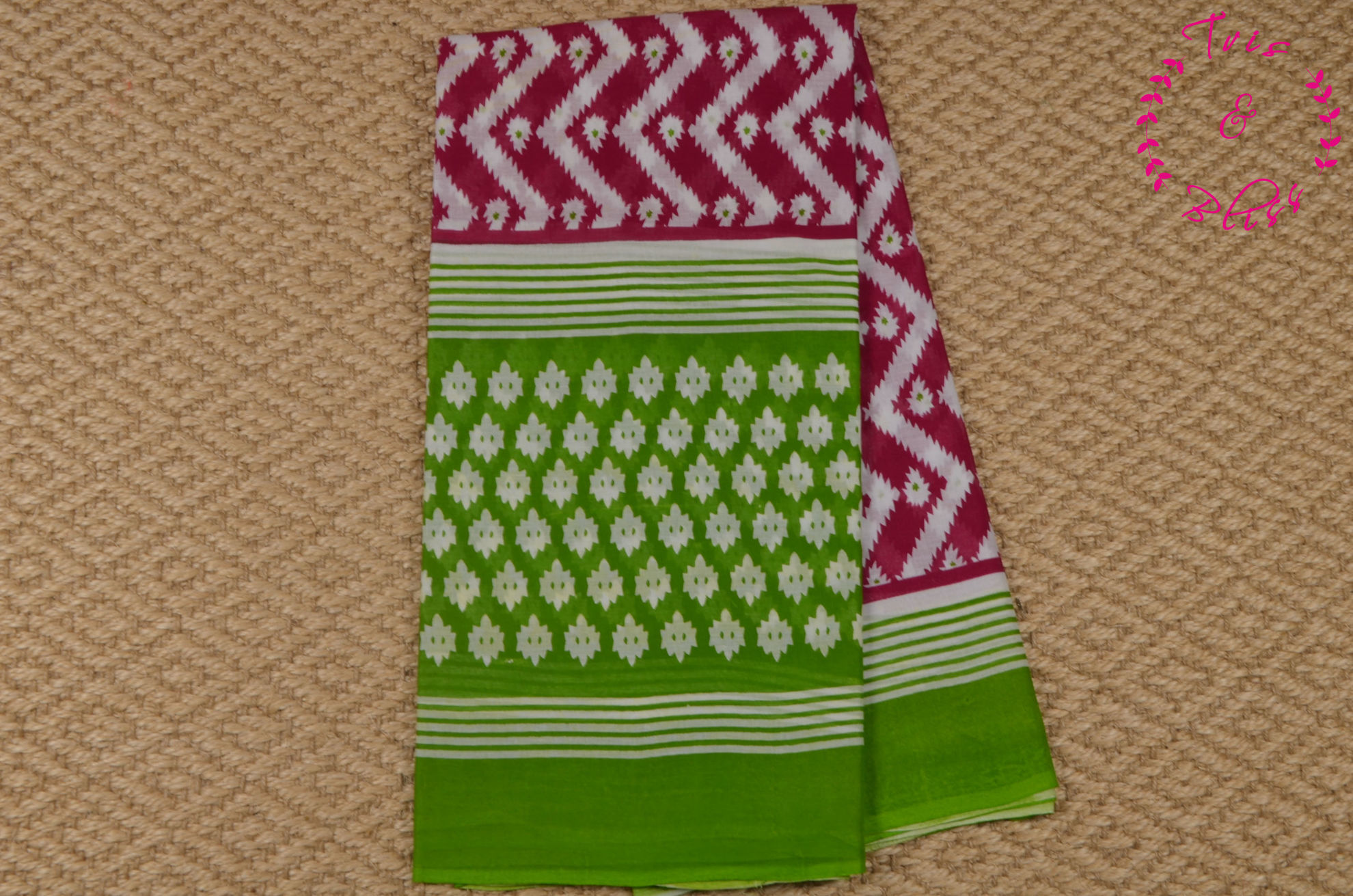 Tvis and Bliss. Pink and Green Screen Printed Malmal Cotton Saree