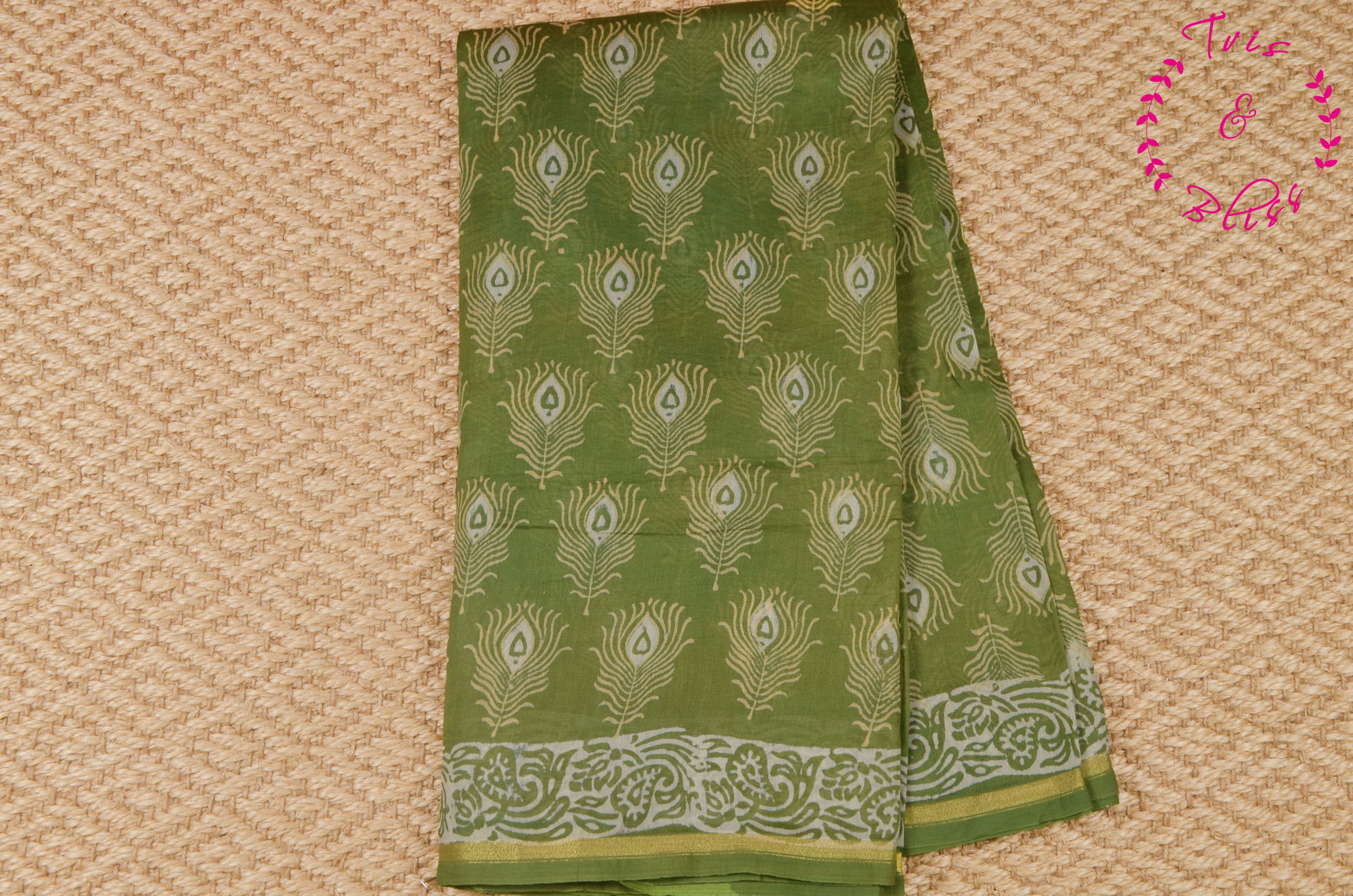 Tvis and Bliss. Mehandi Green Handblock Print Chanderi Silk Saree with ...