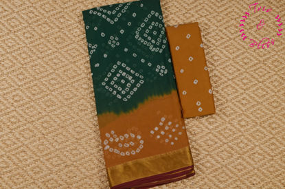 Picture of Bottle Green and Mustard Yellow Tie and Dye Bandhani Cotton Saree with Zari Border