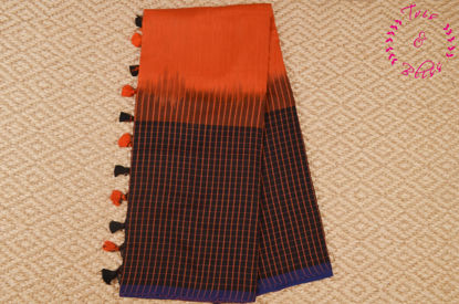 Picture of Orange and Black Pure Cotton saree with Checks Border